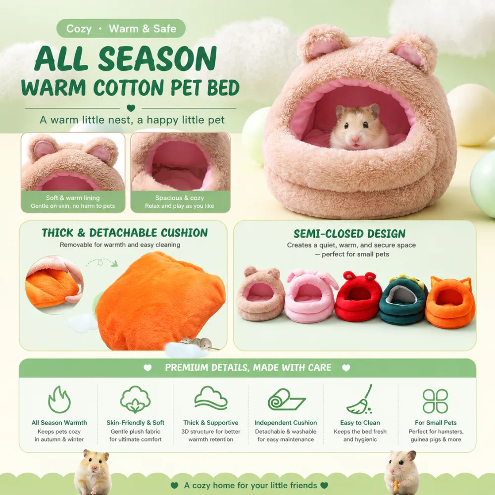 Plush semi-enclosed hamster nest with removable cushion and warm lining