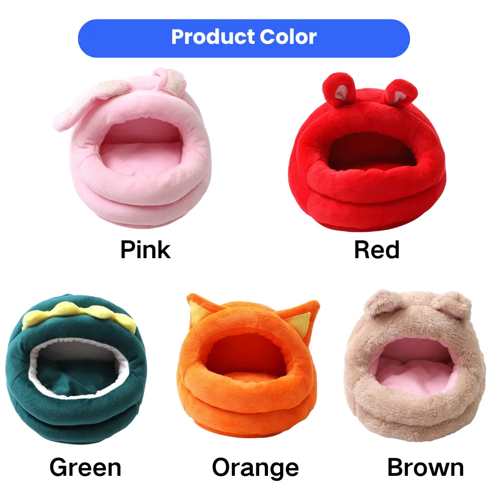 Plush small pet cave bed available in pink, red, green, orange and brown colors