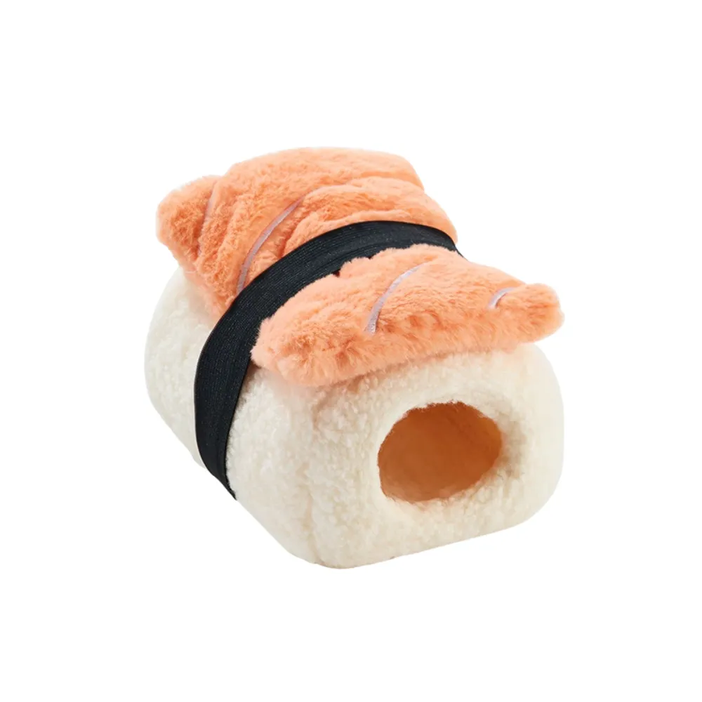Orange sushi-style hamster nest bed with soft plush exterior and cozy sleeping chamber