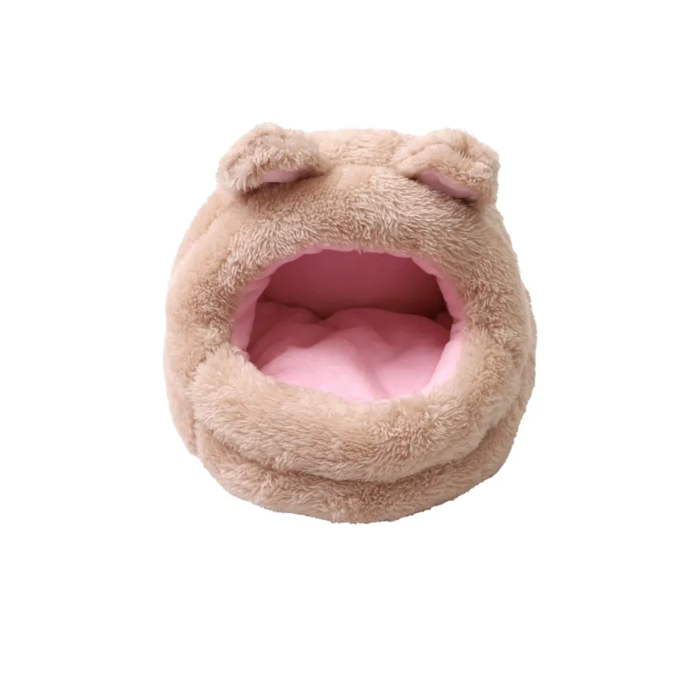 Brown bear-ear plush hideout bed for hamsters, guinea pigs and mice