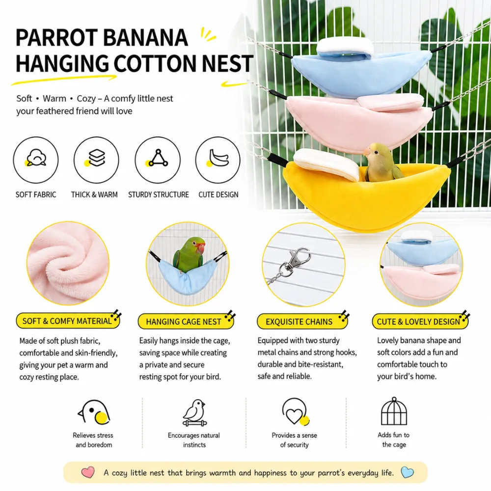 Plush banana-shaped hanging nest with sturdy chains and cozy fabric for parrots and pet birds