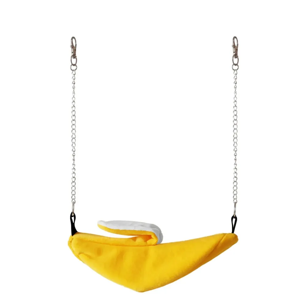 Yellow banana-shaped hanging bird hammock nest made of soft plush fabric for parrots, lovebirds and small birds