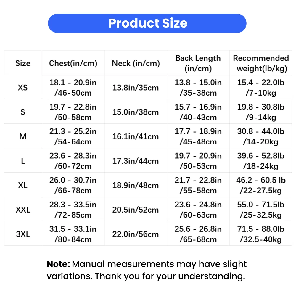 Size chart for striped dog loungewear showing chest, neck, back length and recommended weight measurements for medium and large breed dogs