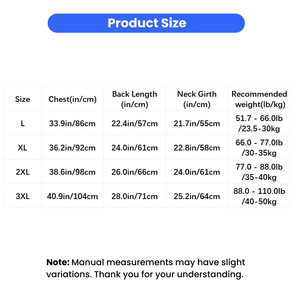 Size chart for reversible fleece dog hoodie showing chest, neck, back length and weight recommendations for large breed dogs in sizes L to 3XL