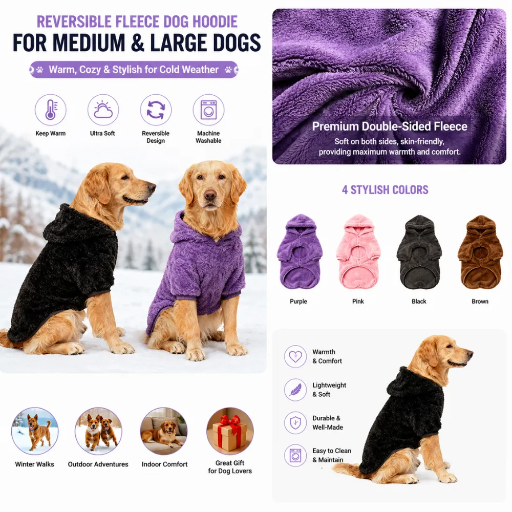 Reversible fleece dog hoodie featuring double-sided fleece, machine washable design and winter warmth for large dogs