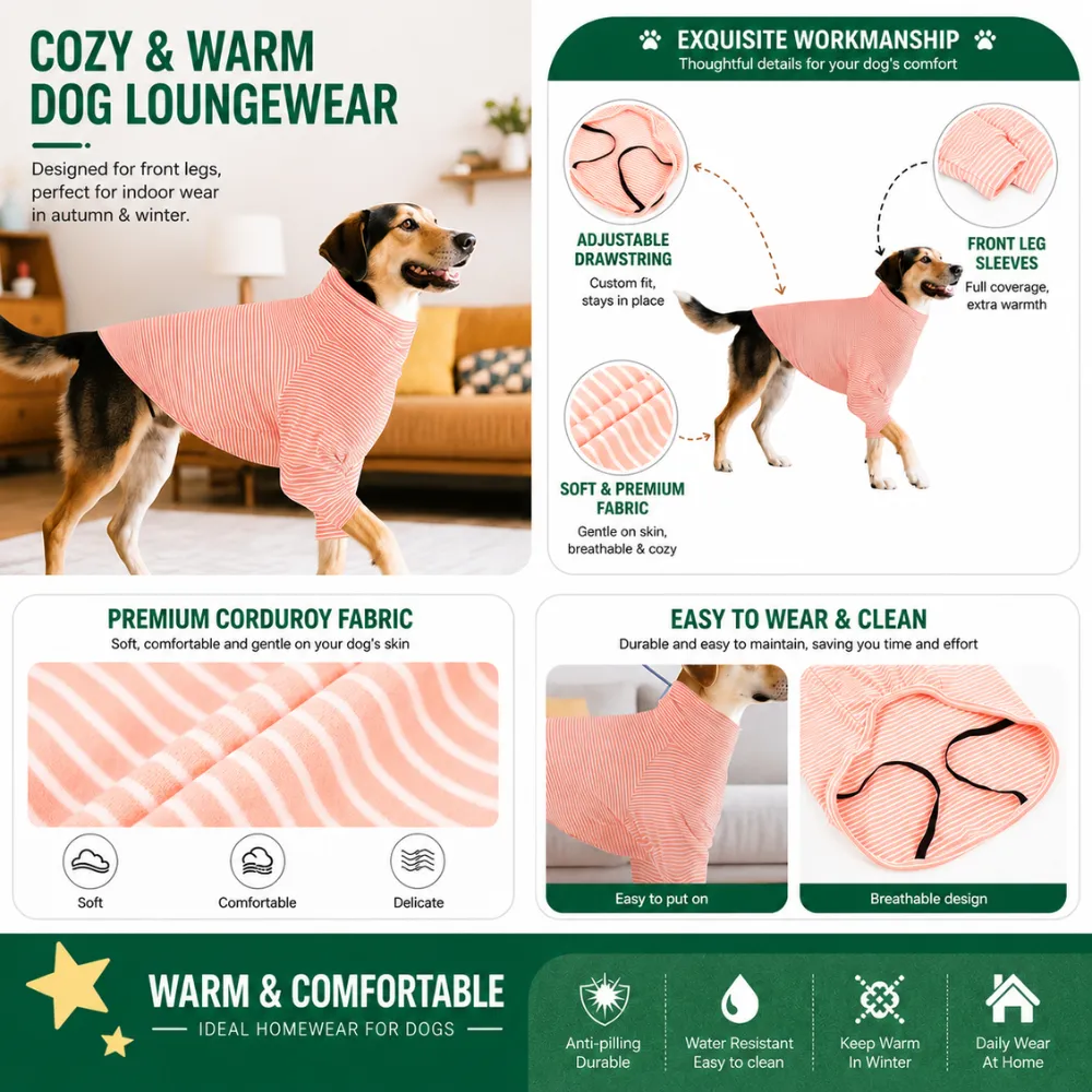 Warm striped dog loungewear featuring adjustable drawstring, front leg sleeves and soft fabric construction