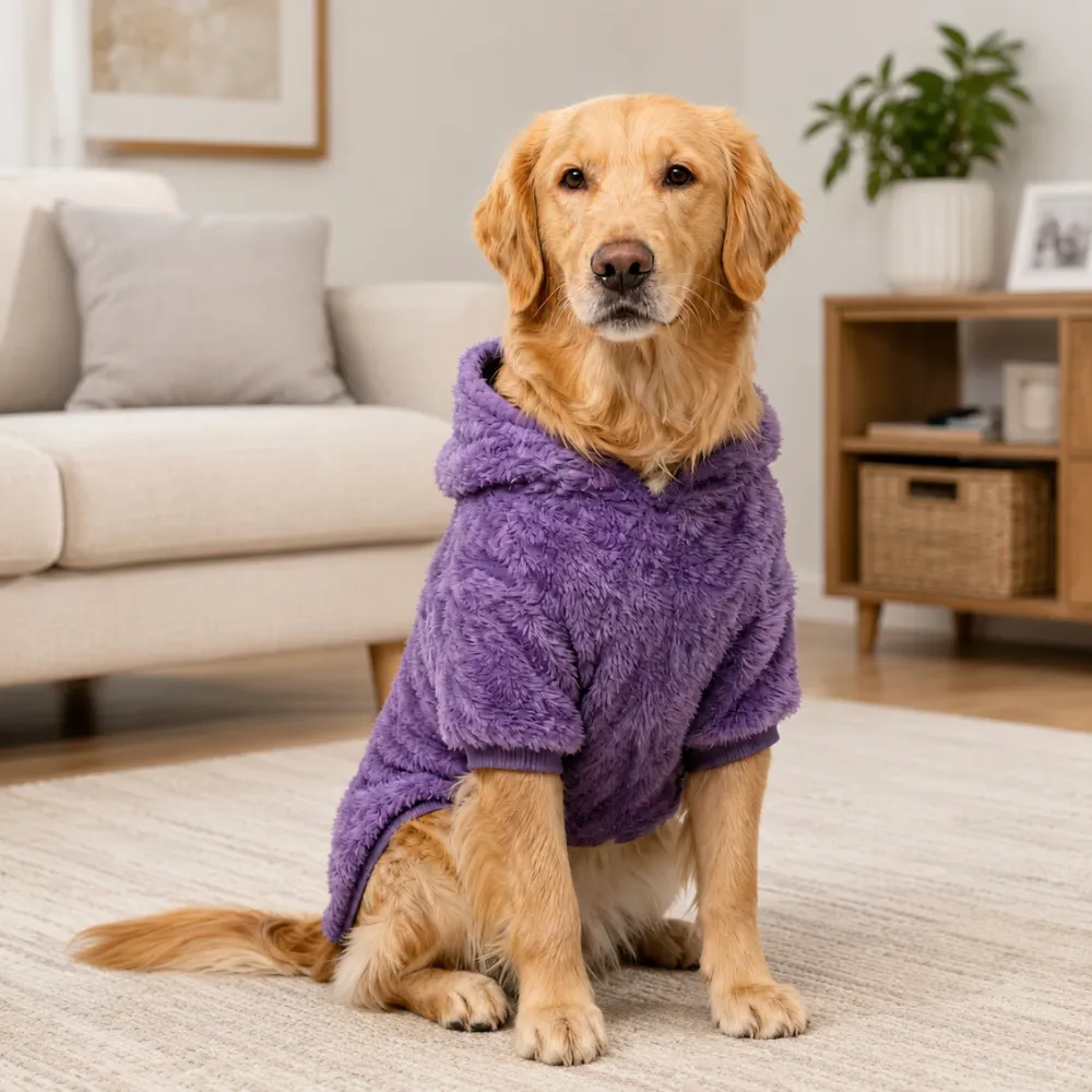 Golden retriever wearing a purple reversible fleece dog hoodie in a cozy indoor living room setting