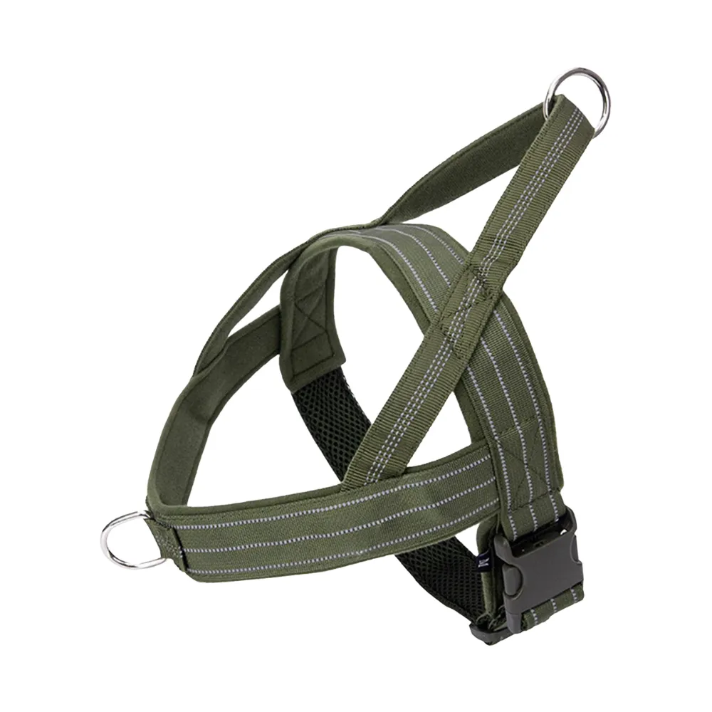 Green tactical dog harness featuring reflective webbing, reinforced construction and heavy-duty hardware