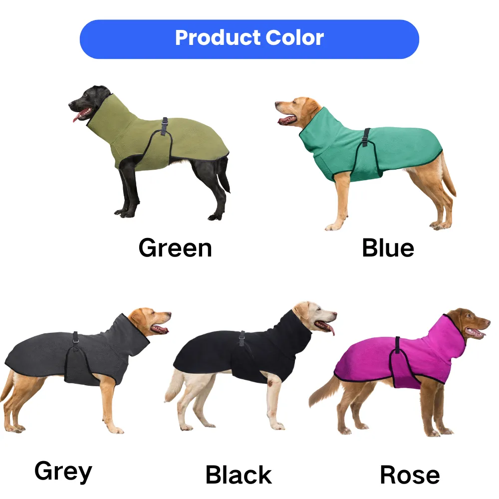 Warm fleece dog coat available in green, blue, grey, black and rose colors for large dogs