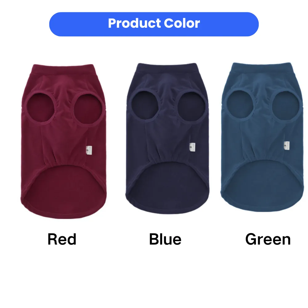 Sleeveless fleece dog vest available in red blue and green colors for large breed dogs
