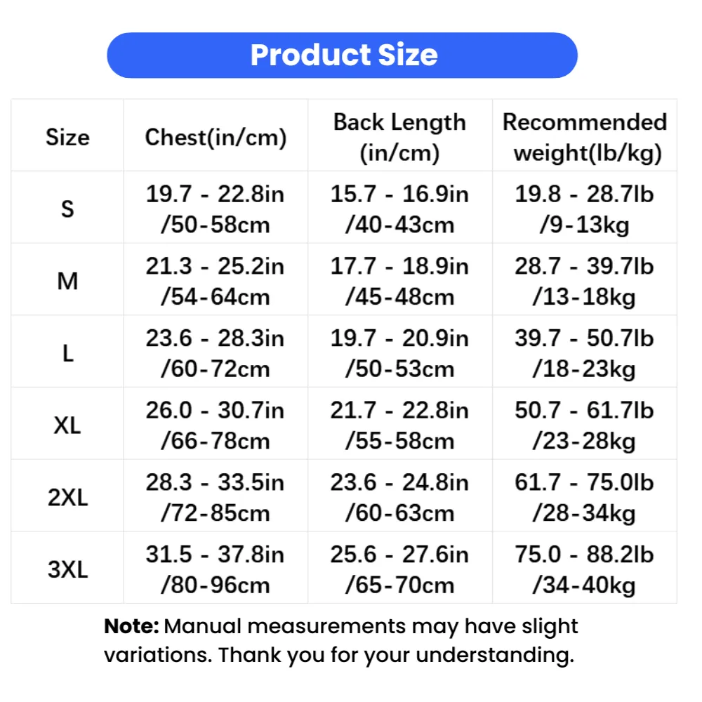 Size chart for high-neck four-leg dog hoodie with chest and back length measurements from S to 3XL