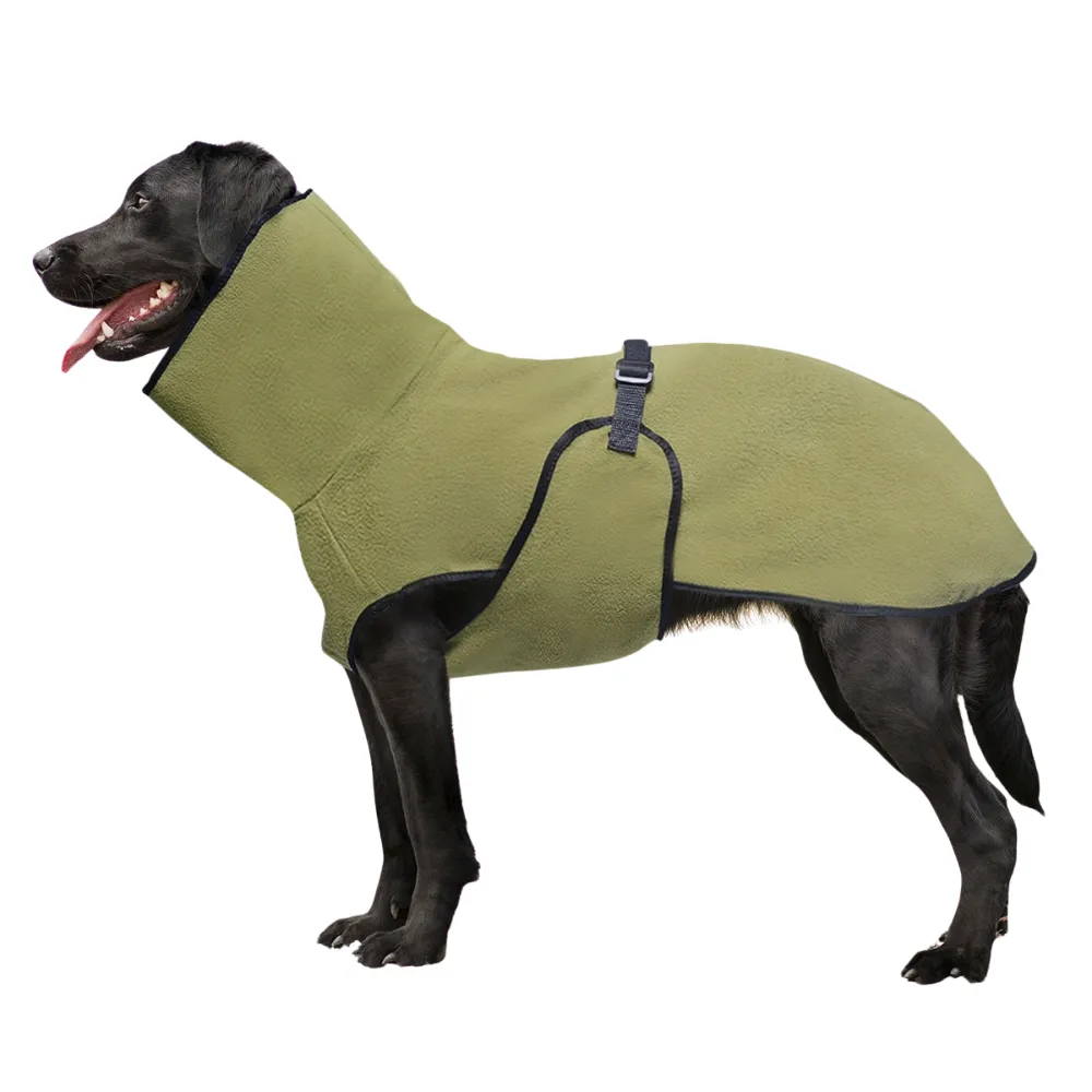 Green fleece dog coat for large dogs featuring high collar design and adjustable belly buckle