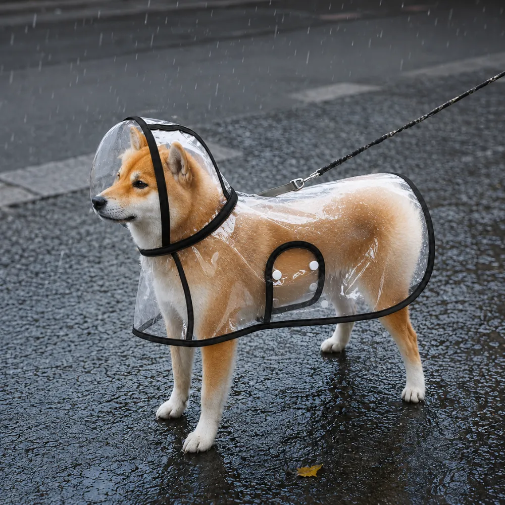 Large dog standing outdoors in the rain wearing a transparent waterproof raincoat with hood