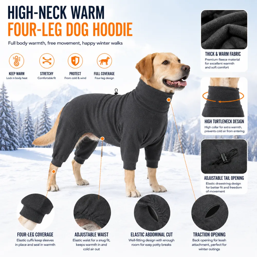 Large dog winter hoodie featuring turtleneck collar, adjustable waist, traction opening and full-leg coverage