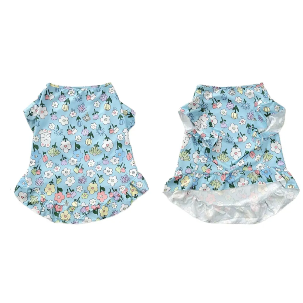Front and back view of blue floral summer dress vest for large dogs