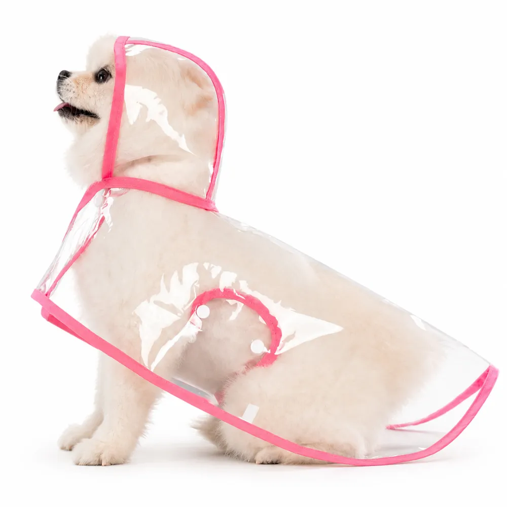 Large dog transparent raincoat with pink trim waterproof hood and full body rain protection