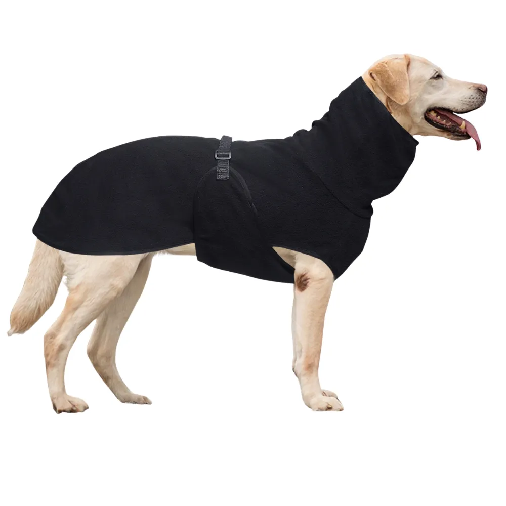 Black fleece dog coat for large dogs with high collar, adjustable buckle strap and warm winter protection