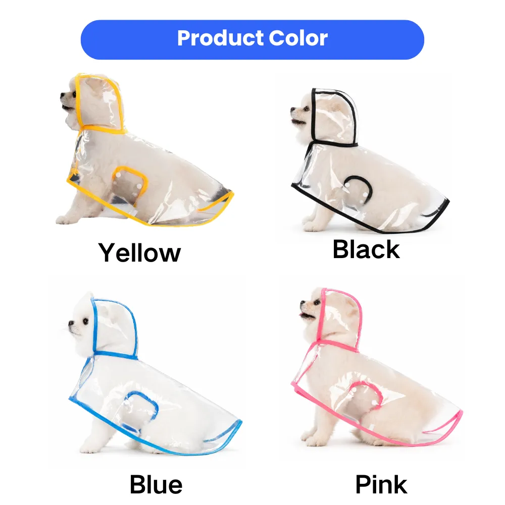 Transparent waterproof dog raincoat color options including yellow black blue and pink for large dogs