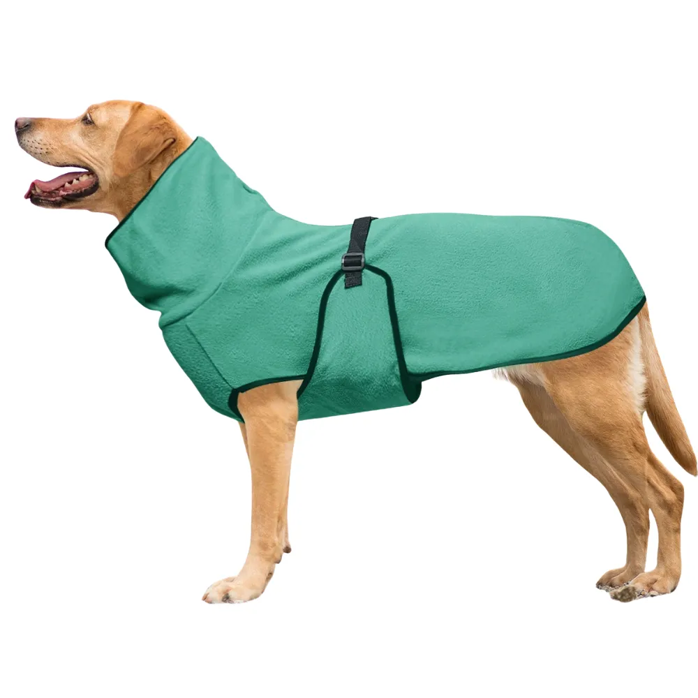 Blue fleece dog coat for large dogs with full coverage warmth and adjustable fit