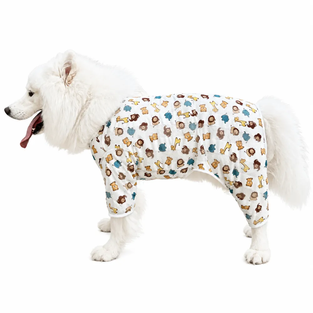 Large Dog Cooling Mesh Vest with Lion Print Large breed dog wearing breathable lion print mesh vest for summer cooling and sun protection