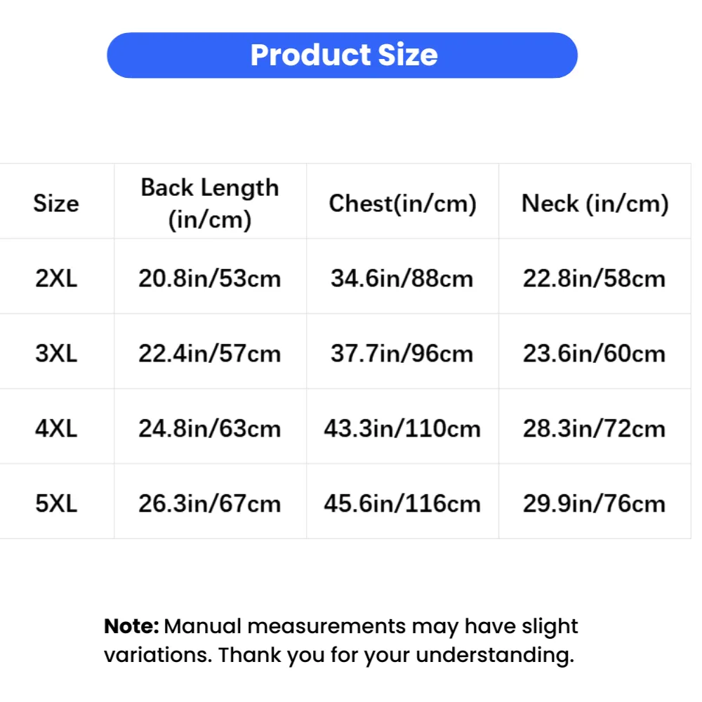Size chart for large dog fleece coat showing back length, chest and neck measurements from 2XL to 5XL