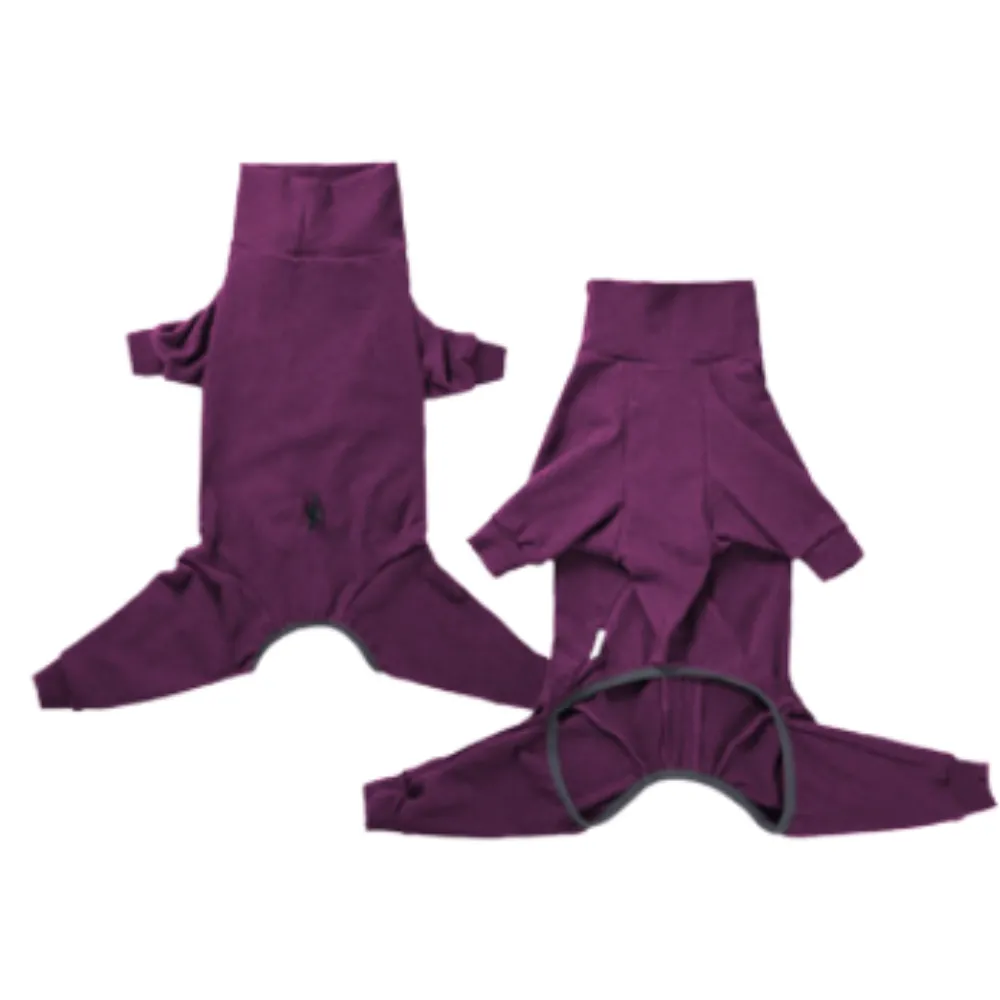 Purple fleece four-leg dog hoodie with high neck and full body coverage for large dogs