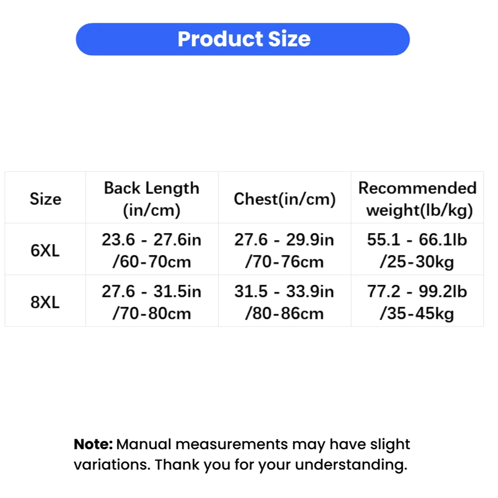 Transparent large dog raincoat size chart showing chest and back length measurements for 6XL and 8XL