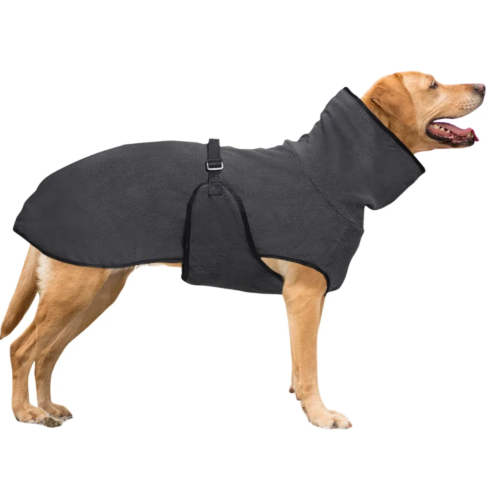 Grey fleece dog coat with high neck coverage and adjustable buckle for large breed dogs