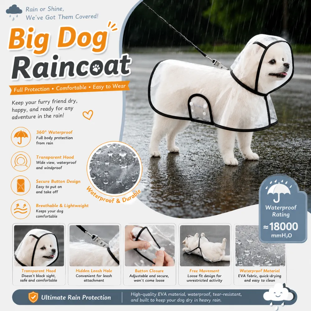 Large dog wearing transparent waterproof raincoat with hood featuring full body rain protection and leash opening