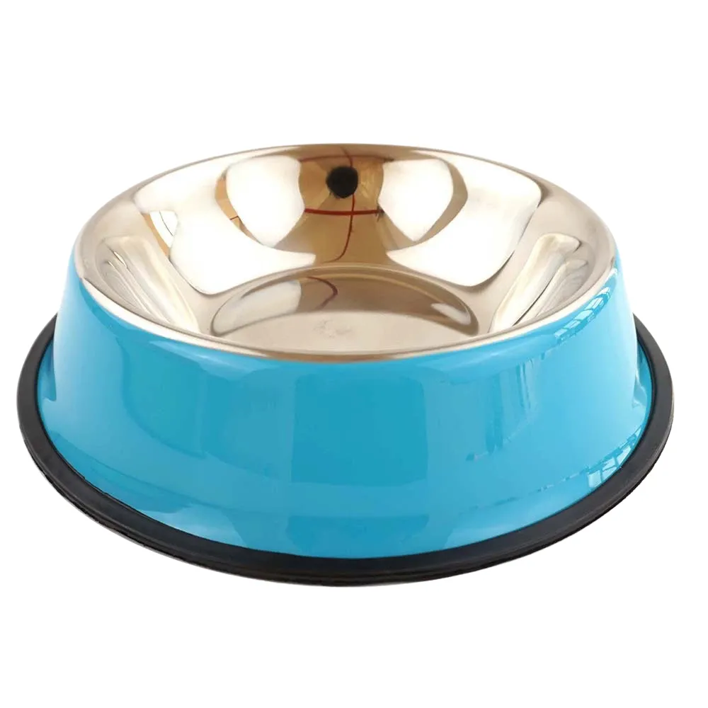 Blue stainless steel pet food and water bowl with non-slip rubber base