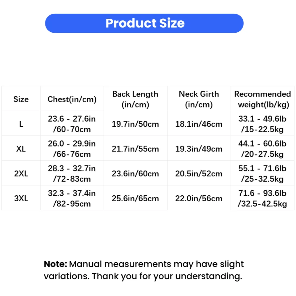 Size chart for sleeveless winter dog vest with chest neck girth back length and weight guide