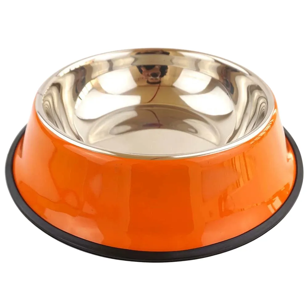 Orange stainless steel pet bowl with anti-slip rubber ring for dogs and cats