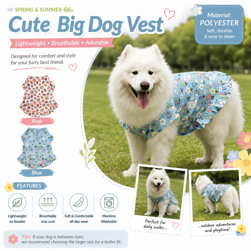 Large dog wearing breathable floral summer dress vest in lightweight polyester fabric