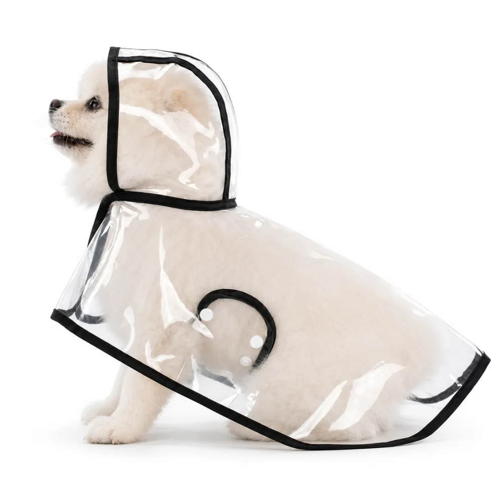 Clear waterproof dog raincoat with black trim and transparent hood for large breed dogs