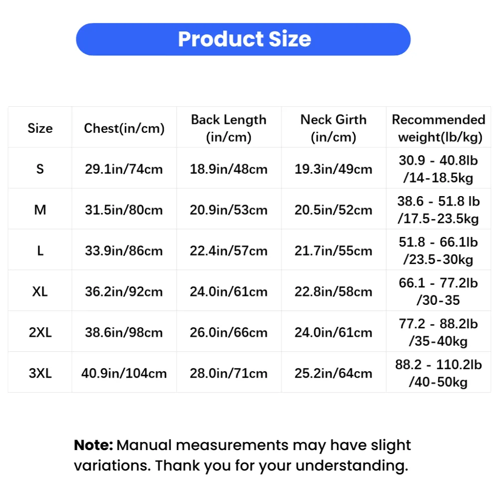 Size chart for leopard print warm dog hoodie showing chest, neck and back length measurements