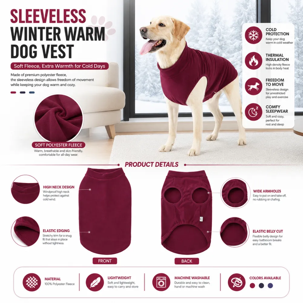 Warm fleece dog vest with thermal insulation high neck design and soft polyester fabric