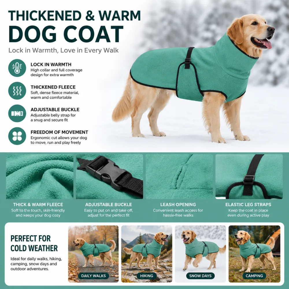 Thickened fleece dog coat with high collar adjustable buckle and warm winter protection for large dogs