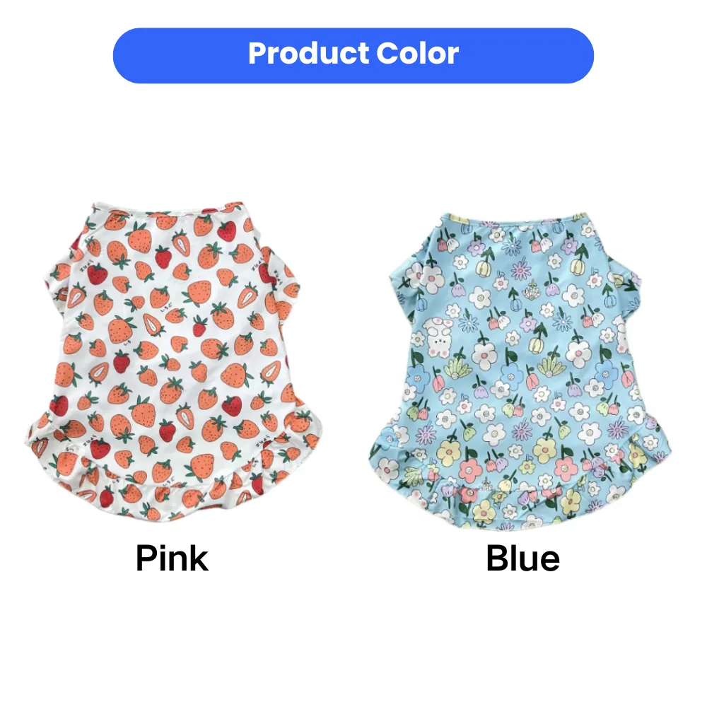 Large dog summer dress vest available in strawberry pink and floral blue patterns