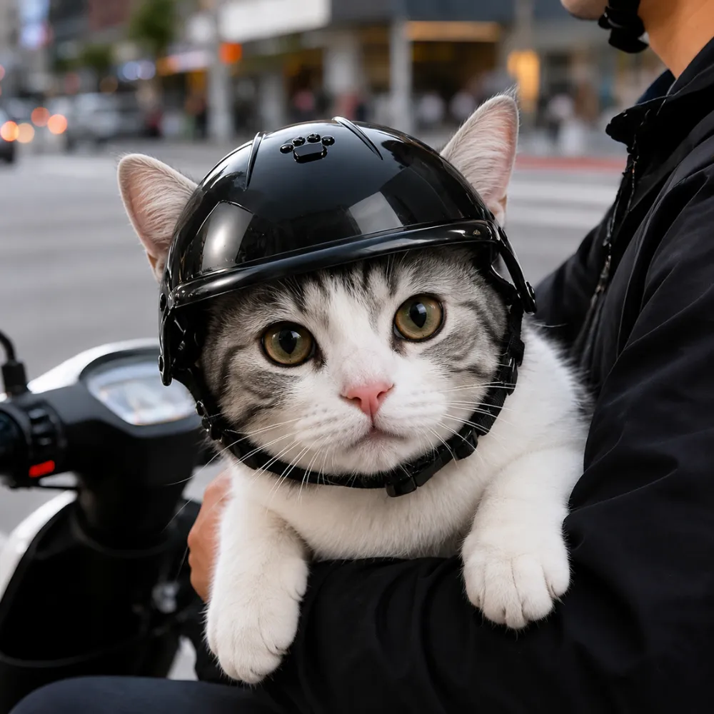 Cat wearing a lightweight black pet helmet with adjustable buckle strap