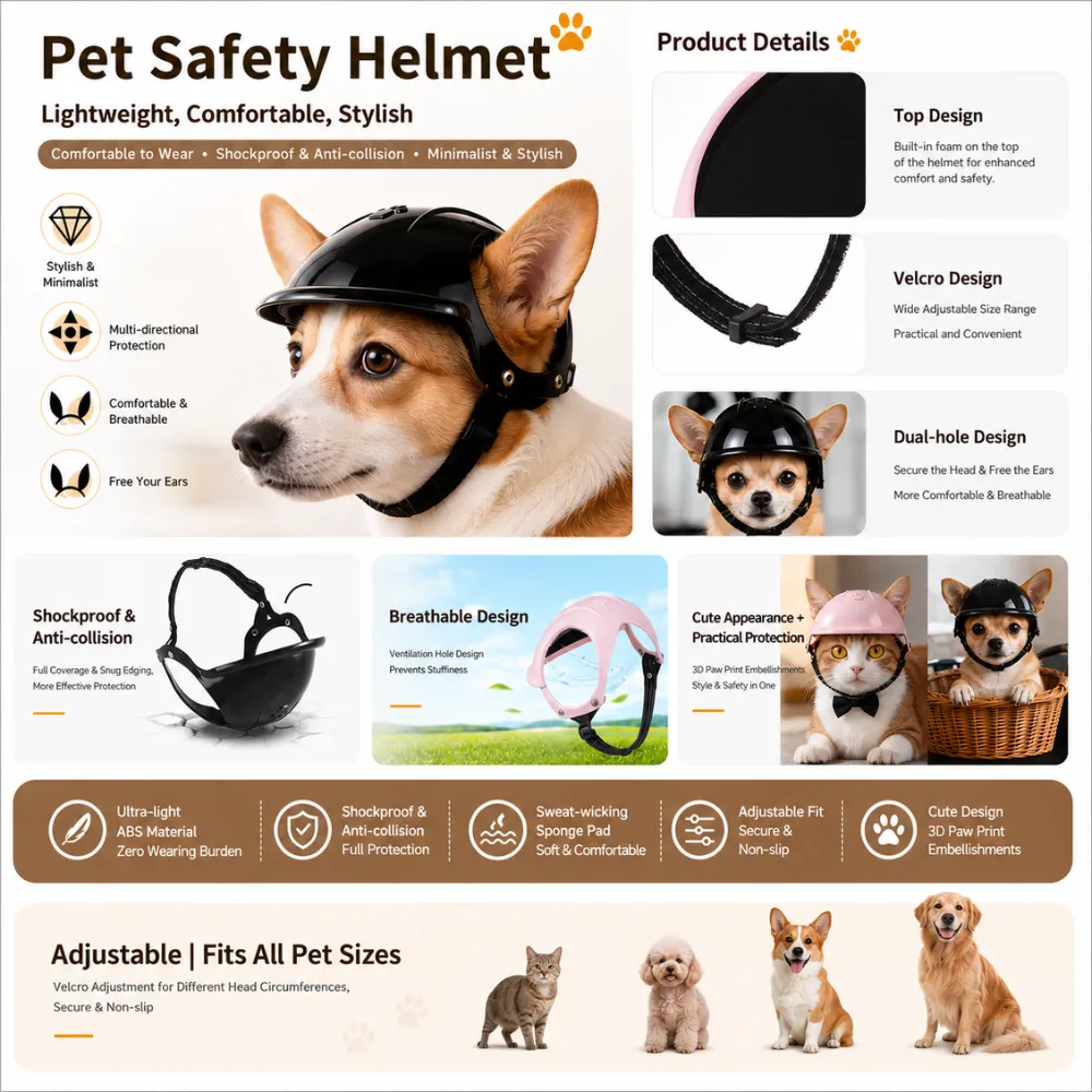 Pet safety helmet featuring lightweight ABS shell, adjustable strap, and breathable design