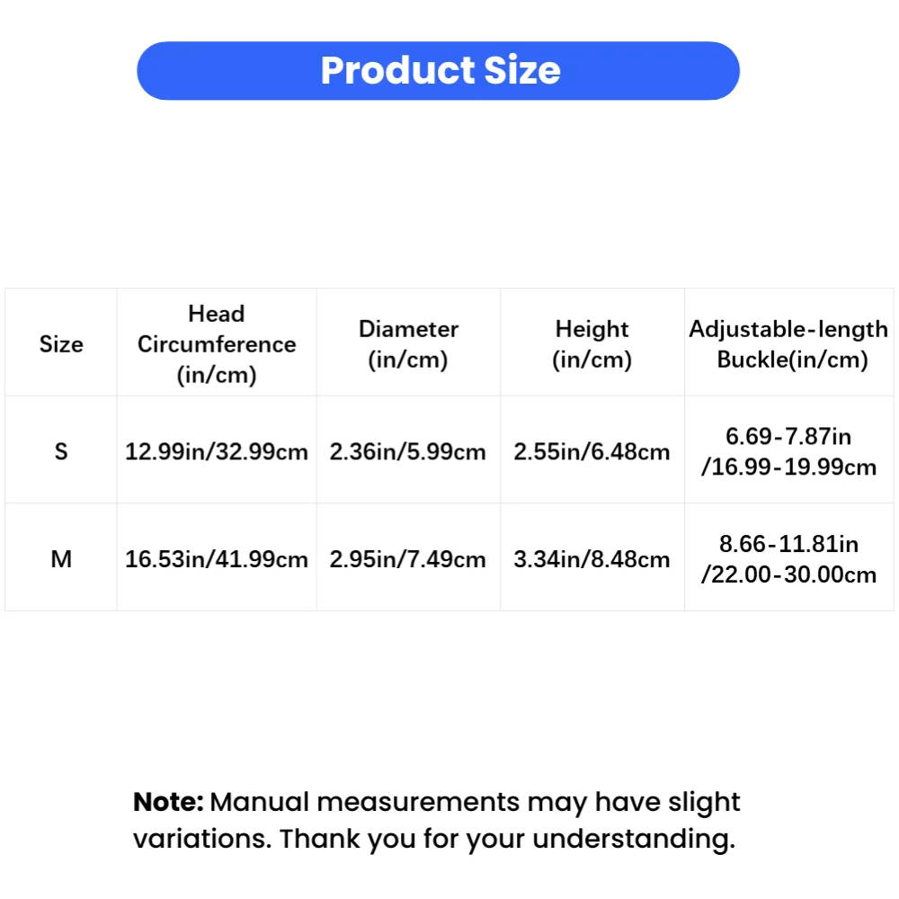 Pet safety helmet size chart showing head circumference and adjustable strap measurements