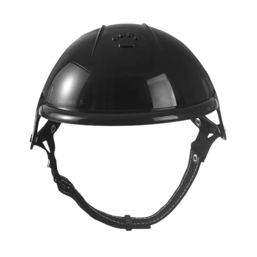 Black pet safety helmet with adjustable strap for dogs and cats