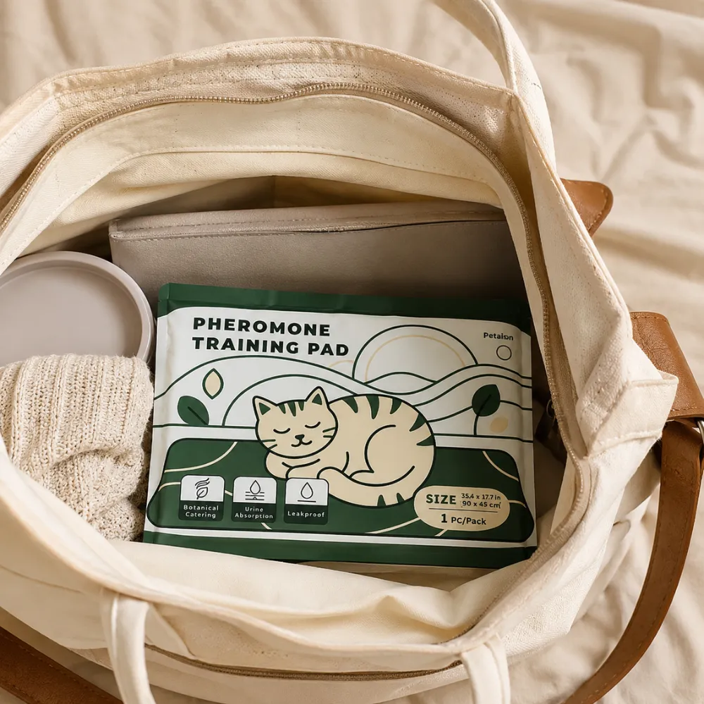 Pheromone cat training pad packed inside a travel bag for portable pet care and carrier use