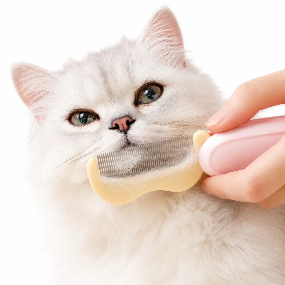 Foldable Pet Comb for Cat Grooming Foldable fine-tooth pet comb removing loose fur from a long-haired cat