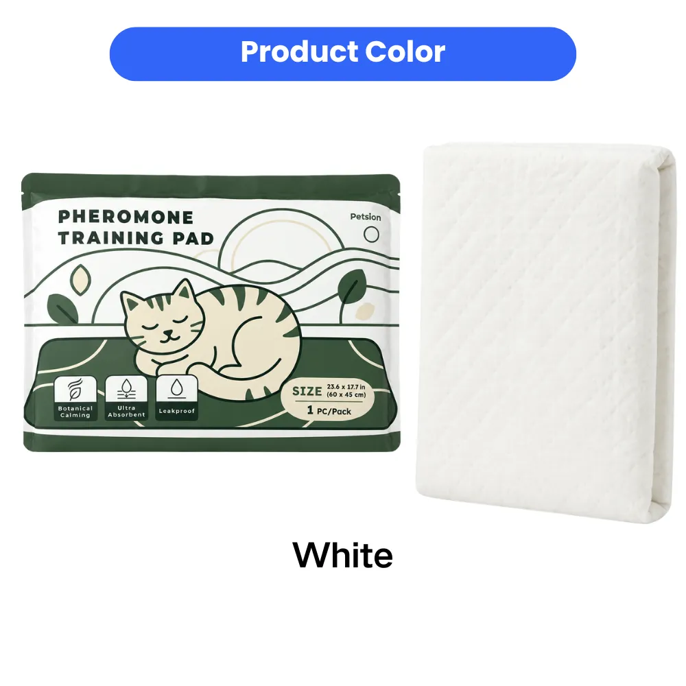 White pheromone cat training pad showing product packaging and folded absorbent training pad color display
