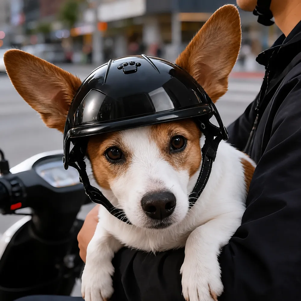 Dog wearing a black pet safety helmet while riding outdoors with owner