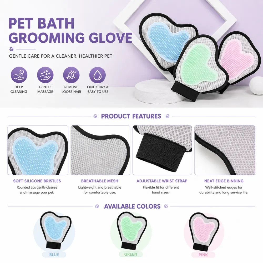 Pet bath grooming glove with soft silicone bristles breathable mesh and adjustable wrist strap