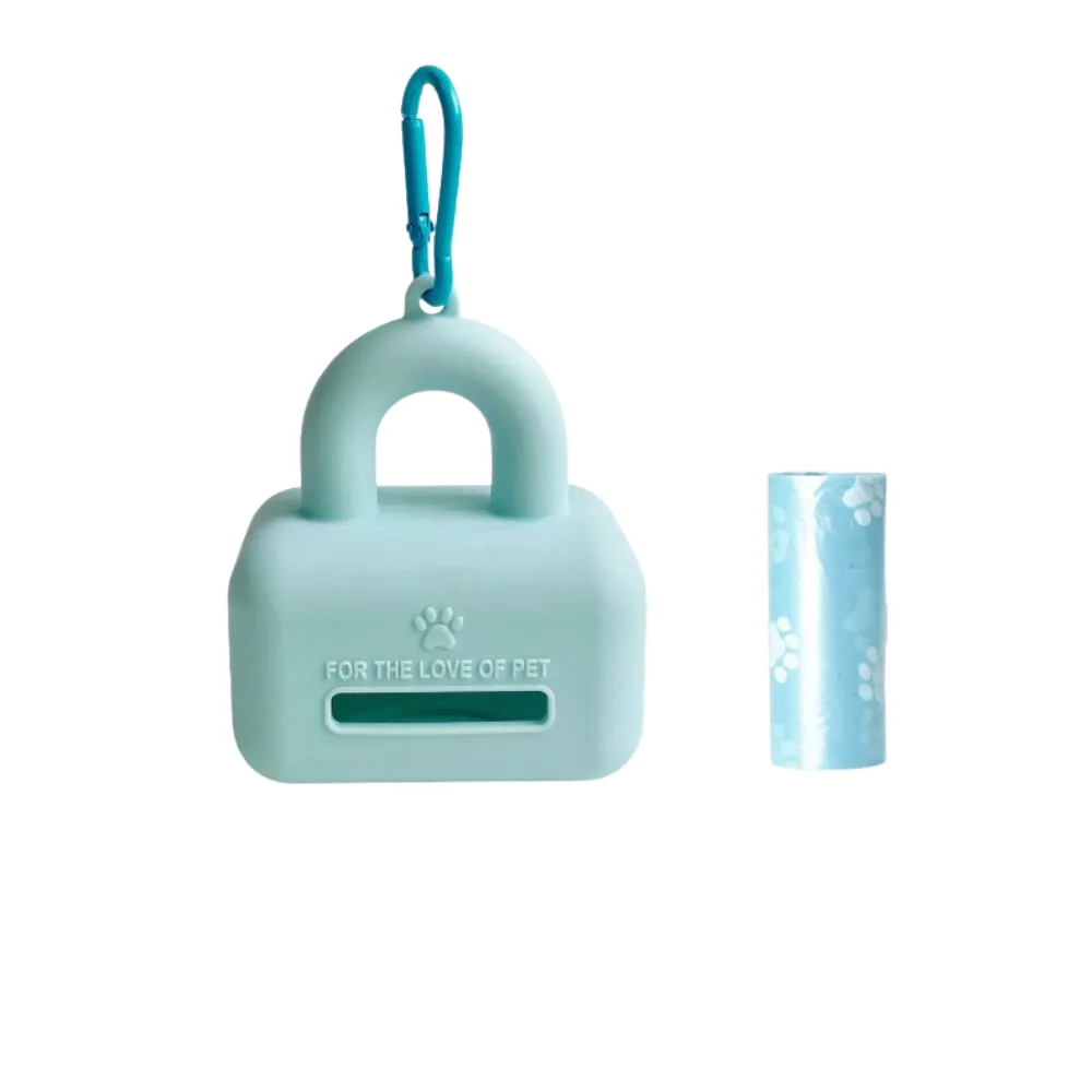 Blue Silicone Dog Poop Bag Holder for Leash Attachment Blue silicone pet waste bag dispenser with refill roll and metal clip
