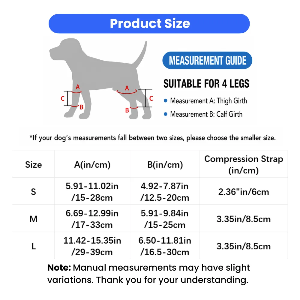 Dog knee brace measurement guide showing thigh girth, calf girth, and size chart for dogs