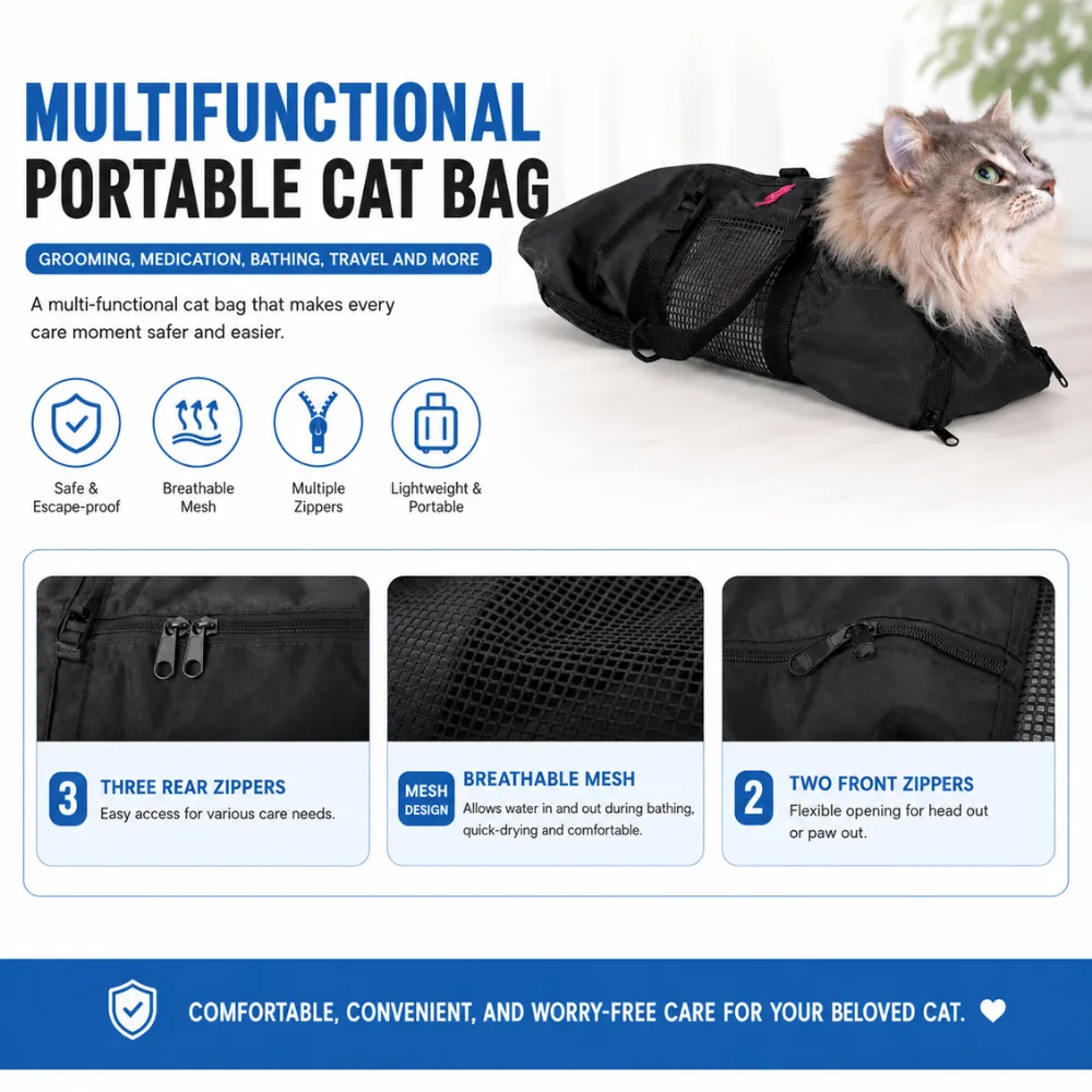 Multifunctional cat grooming bag with breathable mesh, multiple zippers, and escape-proof design